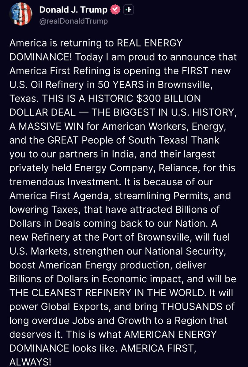President Trump promised American Energy Dominance and today South Texas is seeing it firsthand! 

A $300 billion refinery project in Brownsville means thousands of jobs and historic economic growth! 

When I am elected to Congress, TX-34 will BOOM! We will unleash American