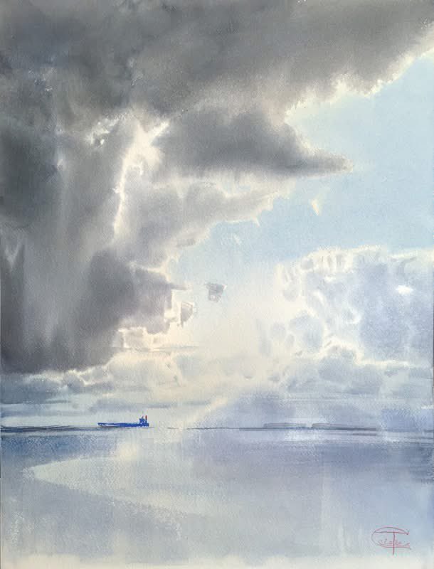 _sergestus_'s tweet photo. 6 years ago 
~ 
The Sun and the Stormbringer Clouds. 
Watercolor on paper. 61 x 46 cm. 
2020 © Sergey Temerev 
~
#art #seascape #states_of_sea #states_of_sky #temerev #watercolor 
~
https://t.co/Ffwbjz8XJb https://t.co/qMf99Igknw