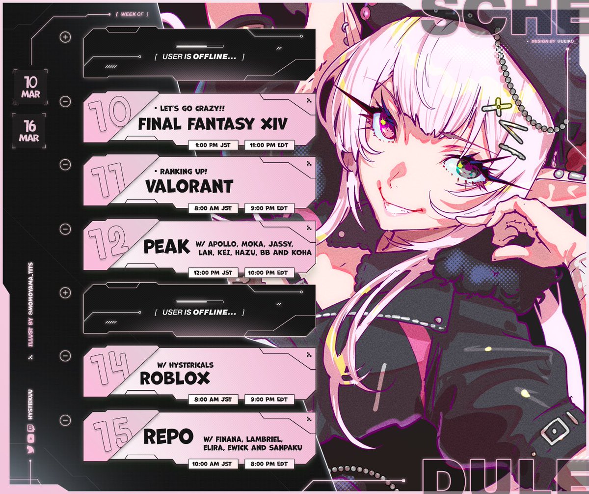 【Weekly Schedule】
Mar. 10 - Mar. 15th 

DISTRICTV COLLABS!! ✨
We are all at the restaurant.. 
 
TAGS:
✧˖°. General: #Hystiekuu
✧˖°. Clips: #lolsteria 
✧˖°. Art: #Paintsteria