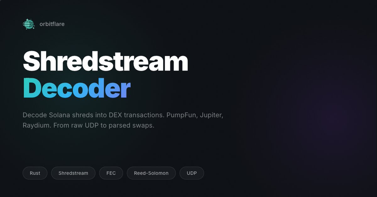"How do I use Shredstream?" - we heard you👂

Dropping an example repo that takes raw shreds off the wire and decodes them into PumpFun trades, Jupiter swaps, new token creates, and more. 

Custom and lightweight deshredding. Just UDP in, decoded instructions out.⚡️

🔗