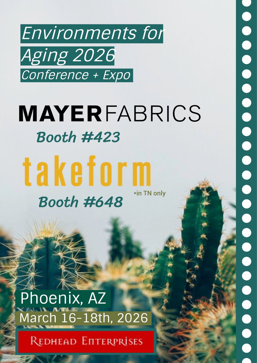 rhsources's tweet photo. @EFAging 2026 in Phoenix, AZ at the @PhoenixConCtr  from March 16-18th! Both Mayer Fabrics &amp; @Takeform  will have booths setup with the latest product collections in senior living and memory care design. Hope to see everyone there! #EFA2026 https://t.co/RTnXwkdV1Z