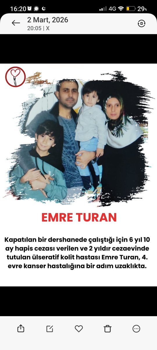Emre Turan, kapatılan bir dershanede çalıştığı için 6 yıl 10 ay ceza aldı.
2,5 yıldır cezaevinde.
Ülseratif kolit hastası ve kanserin eşiğinde.
Neden hâlâ tahliye edilmiyor?  EmreTuran TahliyeBekliyor ...