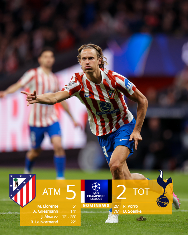 90minews's tweet photo. 🚨✅ VICTORIA del Atlético de Madrid que le deja con pie y medio en cuartos de final.

⚽️💪Gran partido de los del 'Cholo' en ataque que culminaron el partido en los primeros 20 minutos.

😨Vicario, portero del Tottenham, fue sustituido (17') tras cometer dos errores importantes. https://t.co/DClIBA86AG
