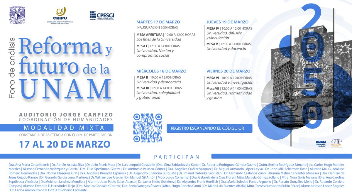 📢No te pierdas el Foro de Análisis "Reforma y futuro de la UNAM" que organiza CRIPU-UNAM y CPESGI-UNAM.

Habrá distintas mesas en las que se abordará los retos, perspectivas y propuestas para el futuro de la Universidad, con la participación de destacados especialistas🗨️