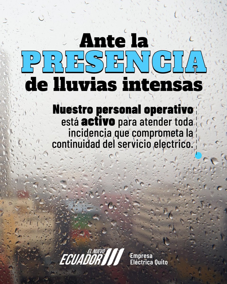 ElectricaQuito's tweet photo. Ante las fuertes lluvias registradas hoy, nuestro personal operativo se encuentra activo en distintos puntos del área de cobertura de la Empresa Eléctrica Quito, realizando trabajos para restablecer el servicio eléctrico.

Actuamos con la prontitud necesaria y de forma segura, mientras las condiciones climáticas lo permitan, para restablecer el servicio en el menor tiempo posible. ⚡🌧️ 

#GestiónEEQ #EEQ