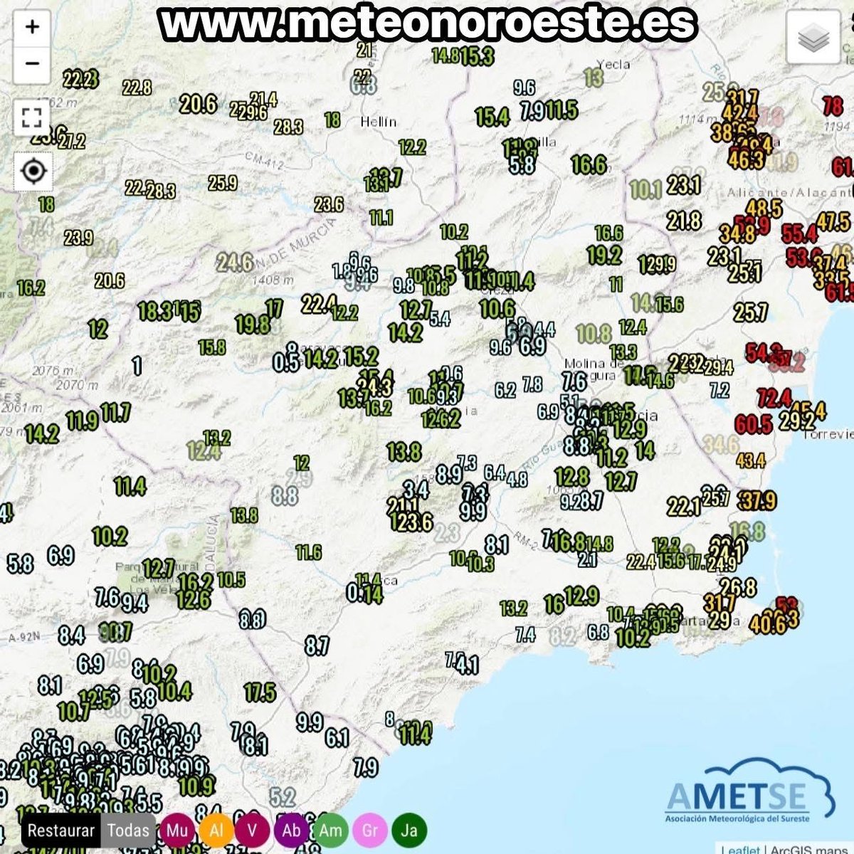 Lluvias de hoy en el SE de España 🌧 
Datos de la Red MeteoSE de AMETSE.
#Lluvias #Murcia #alicante