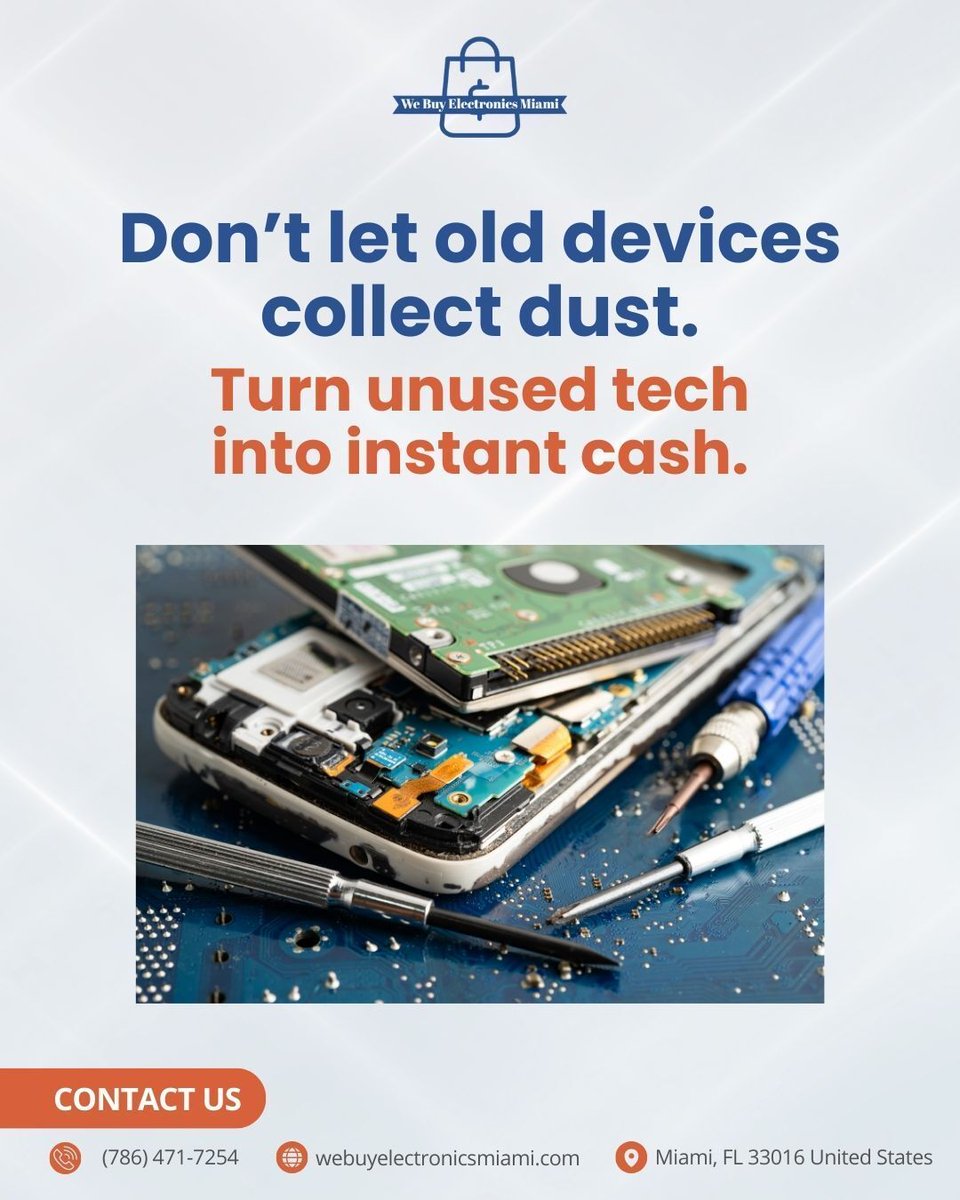 BuyElectMIA's tweet image. Your drawer is full of unused electronics.
Phones. Laptops. Hard drives. Tablets.

Sell your devices today → webuyelectronicsmiami.com

Or call (786) 471-7254 for a fast quote.

Turn clutter into money.

#SellElectronics #TechBuyback #CashForDevices #MiamiTech #RecycleElectronics