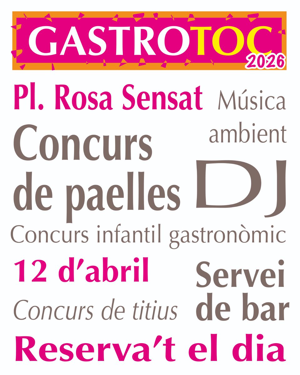El 12 d'abril arriba la primera edició del GASTROTOC a Pl. Rosa Sensat 🍽 

Un dia ple de bon ambient i gastronomia.
Reuneix un grup, prepareu la vostra paella i veniu a participar. Un dia per trobar-nos, cuinar, riure i gaudir plegades.

ℹ️Properament més informació a les xarxes