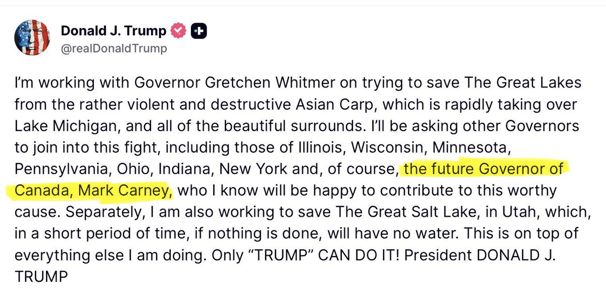 “Future Governor of Canada, Mark Carney.”
Let me repeat this slowly so it penetrates that dementia fog: Canada will NEVER be your 51st state.
On behalf of Canada, FUCK ALL THE WAY OFF. And when you’re done fucking off, take one more step &amp; fuck off again, you geriatric pedophile
