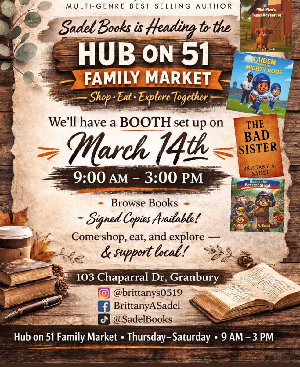 SadelBook30714's tweet photo. Sadel Books at the Hub on 51 Family Market on March 14th from 9–3! 📚✨

Stop by our booth to browse books, grab signed copies, and support local while you shop, eat, and explore. Hope to see you there! 🤎📖 https://t.co/fbnTLGv7Fl