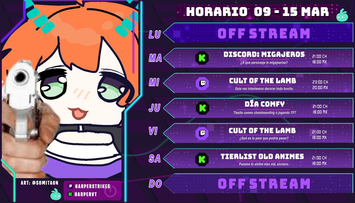 HarperStrikes's tweet photo. ❤️ HORARIO SEMANAL ❤️
🎮 09 de Marzo - 15 de Marzo
╰┈➤ 21:00 PM 🇨🇱 | 18:00 PM 🇲🇽 | 19:00 PM 🇵🇪
Recuerden que está sujeto a cambios.
🎨: #PishuliArt |🤡: #HapaClown | 🔞: #HarpLewd https://t.co/MYM0awqXRj