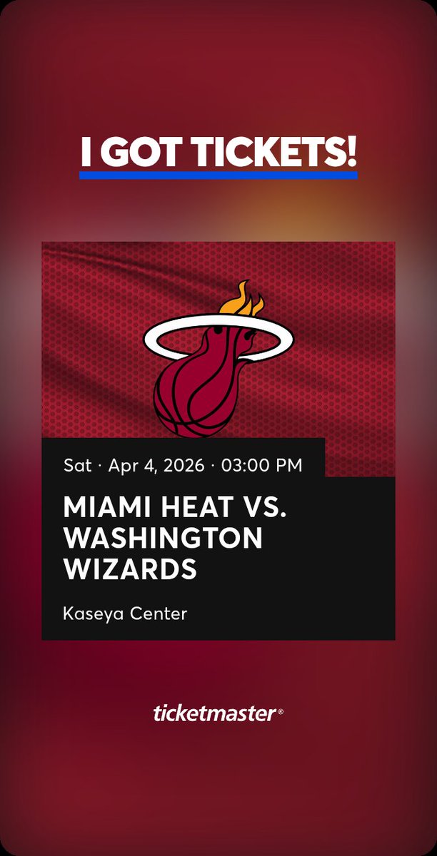 Snl23's tweet photo. I got tickets! Miami Heat vs. Washington Wizards - Kaseya Center - Sat · Apr 4, 2026 · 03:00 PM - Who's in?
https://t.co/tqb4hT8gtb https://t.co/Kcl4iCsA1H