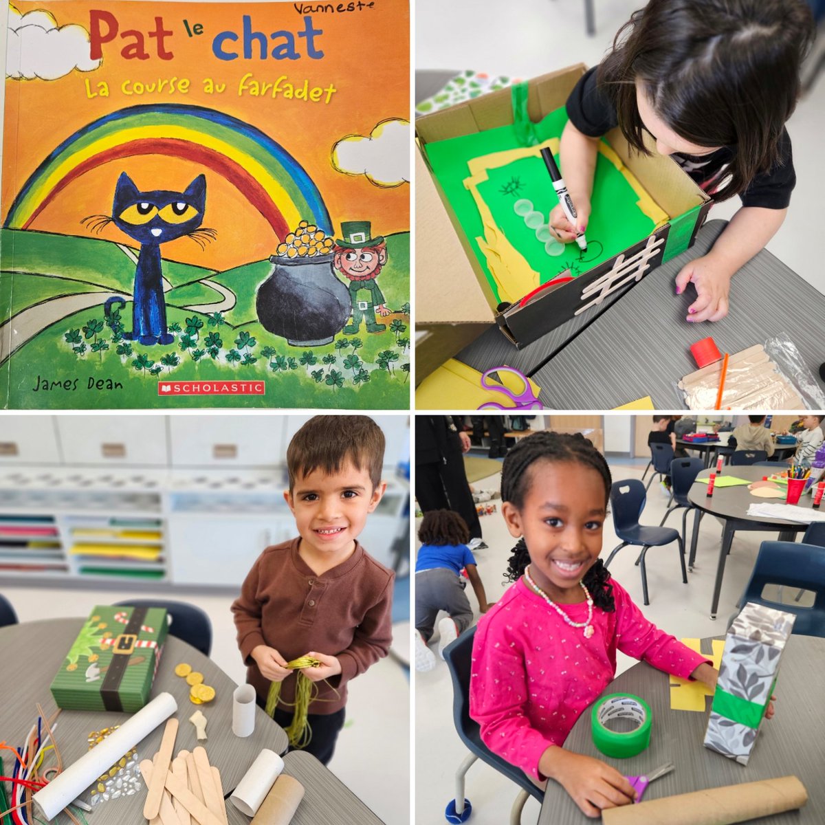 mmevanneste's tweet photo. After reading the story "Pat le chat: La course au farfadet", students designed and built their own Leprechaun Traps. We plan to set them up on Friday to see if we can capture a Leprechaun! ☘️ @StVeronicaOCSB @OttCatholicSB #ProblemSolvingAndInnovating #ocsbSTEAM https://t.co/clgHiSRUwH