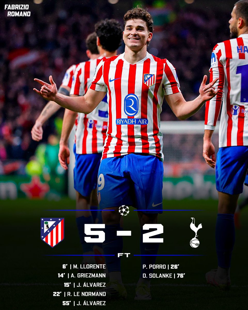 FabrizioRomano's tweet image. Atlético Madrid make it 5 against Spurs! ❤️🤍

6 defeats in a row for Tottenham, 4/4 under Igor Tudor. 📉

Who’s your Man of the Match?