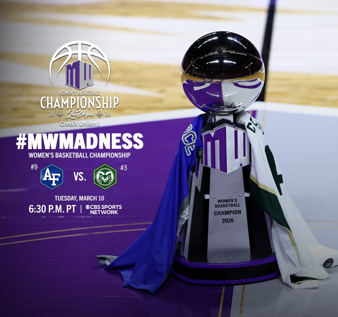 MountainWest's tweet photo. The crown is on the line 👑
#9 Air Force Falcons and #3 Colorado State Rams battle it out in the CU1 MW Women's Basketball Championship!
⏰ 6:30 p.m. PT
📺 CBS Sports https://t.co/fZnaj7AZyX