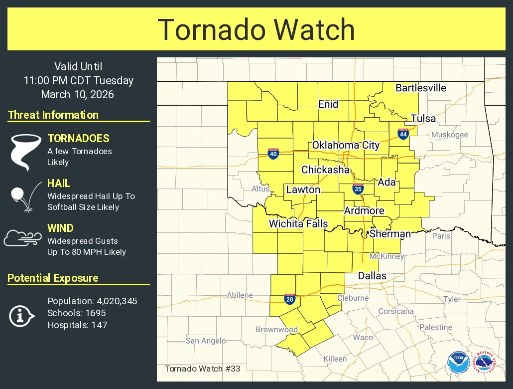 A tornado watch has been issued for parts of Oklahoma and Texas until ...
