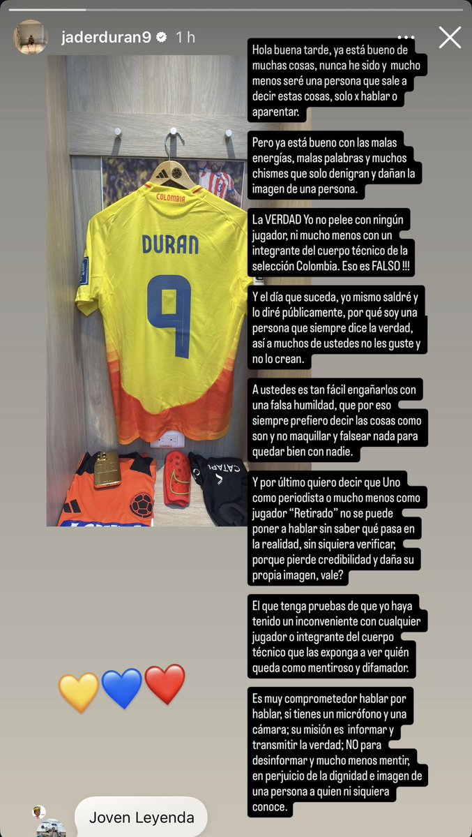 DilanOrjuela5's tweet image. 👀🇨🇴Atención al mensaje de Jhon Jader Durán en redes sociales. 

“La VERDAD, yo no pelee con ningún jugador, ni mucho menos con un integrante del cuerpo técnico de la Selección Colombia. Es falso” 

¿Ustedes lo llevan al Mundial?