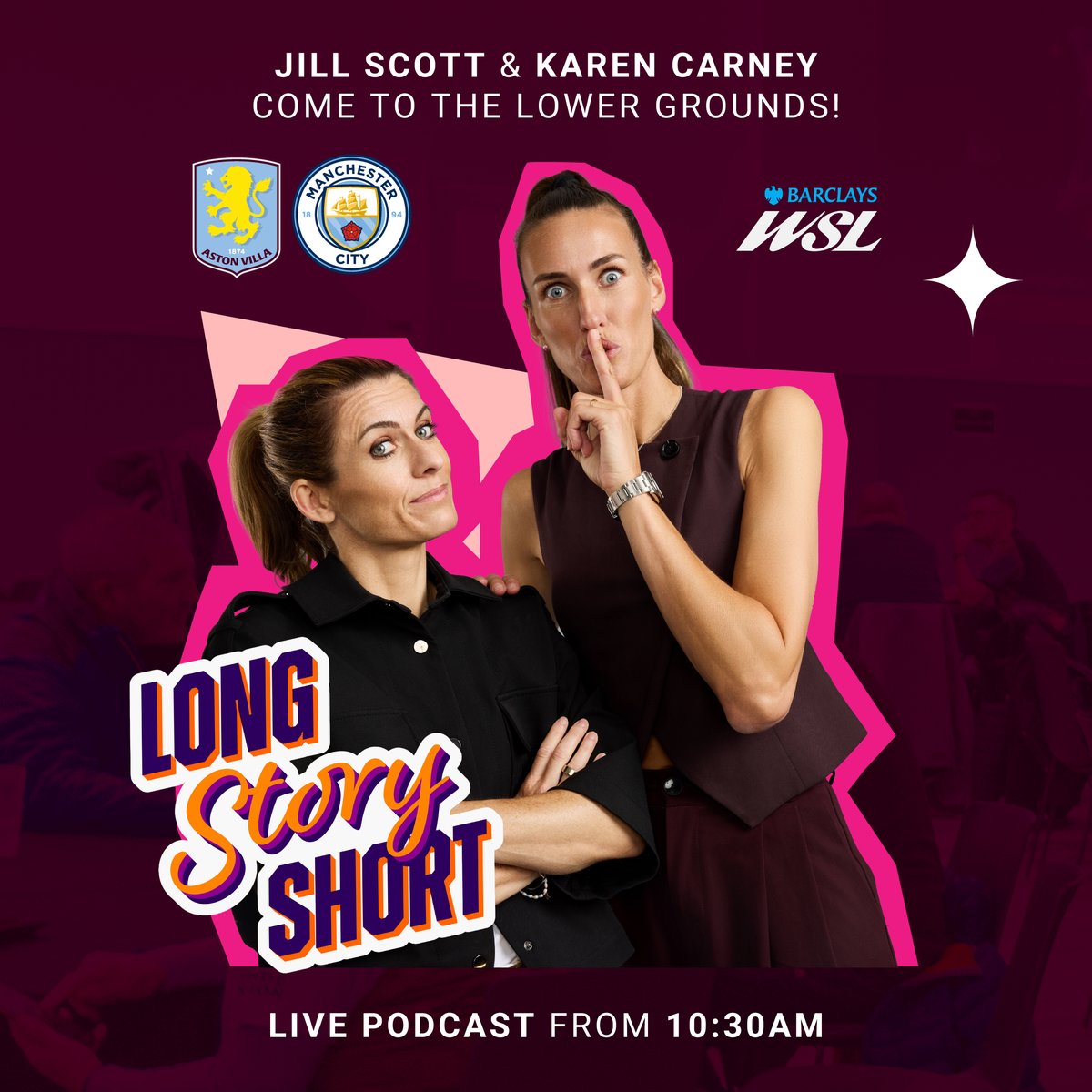 AVWFCOfficial's tweet photo. Pre-match entertainment you don't want to miss 🤩

Head to the Lower Grounds before kick-off on Sunday for a Jill Scott and Karen Carney's LIVE podcast show 🎙️⤵️
