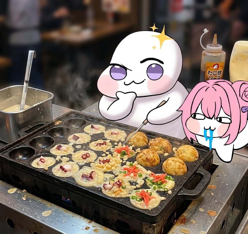 Bald Doro is grilling TAKOYAKI.