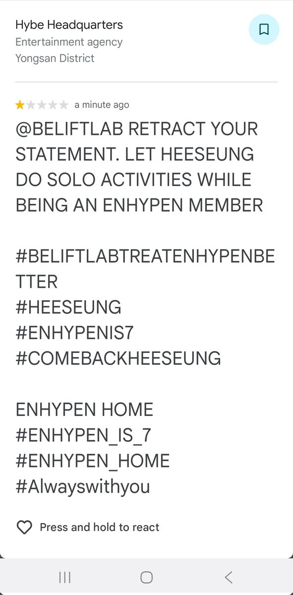 enhasserabits's tweet photo. ENGENEs, go to the Google Maps pages for HYBE and BELIFT, leave a low rating, and add the tags in the comments there and here.

We attack on every front. https://t.co/jlojLg1SzL