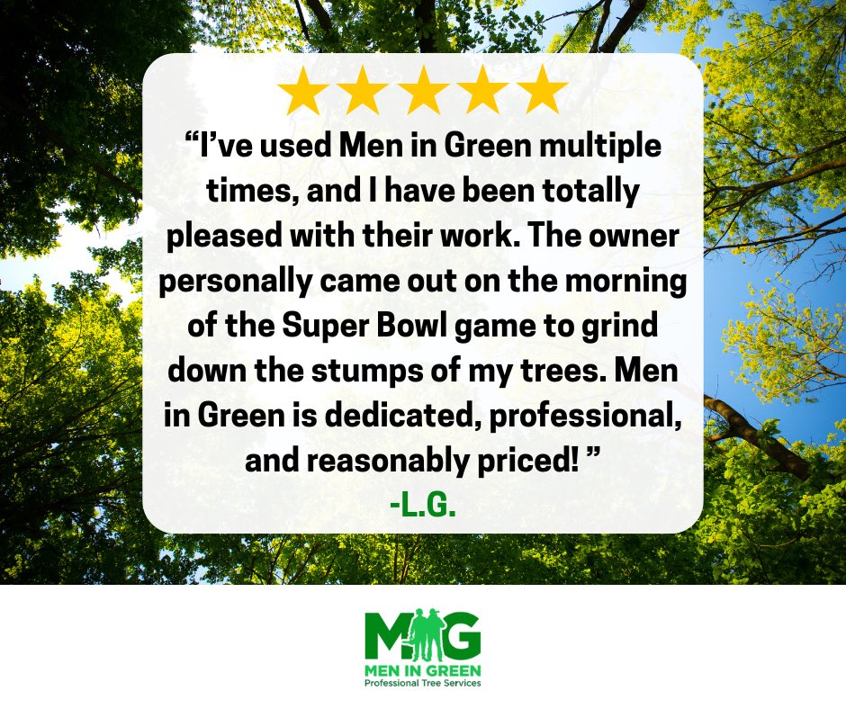 MenInGreenTree1's tweet photo. Thank you, L.G., for this wonderful review! 

We're honored that you've continued to trust Men in Green. Providing quality service at reasonable prices is what we do best. 

Call us at 615-241-2106 for your free estimate!

#MenInGreen #TreeRemoval #MiddleTennessee https://t.co/CsneZuJ8zS