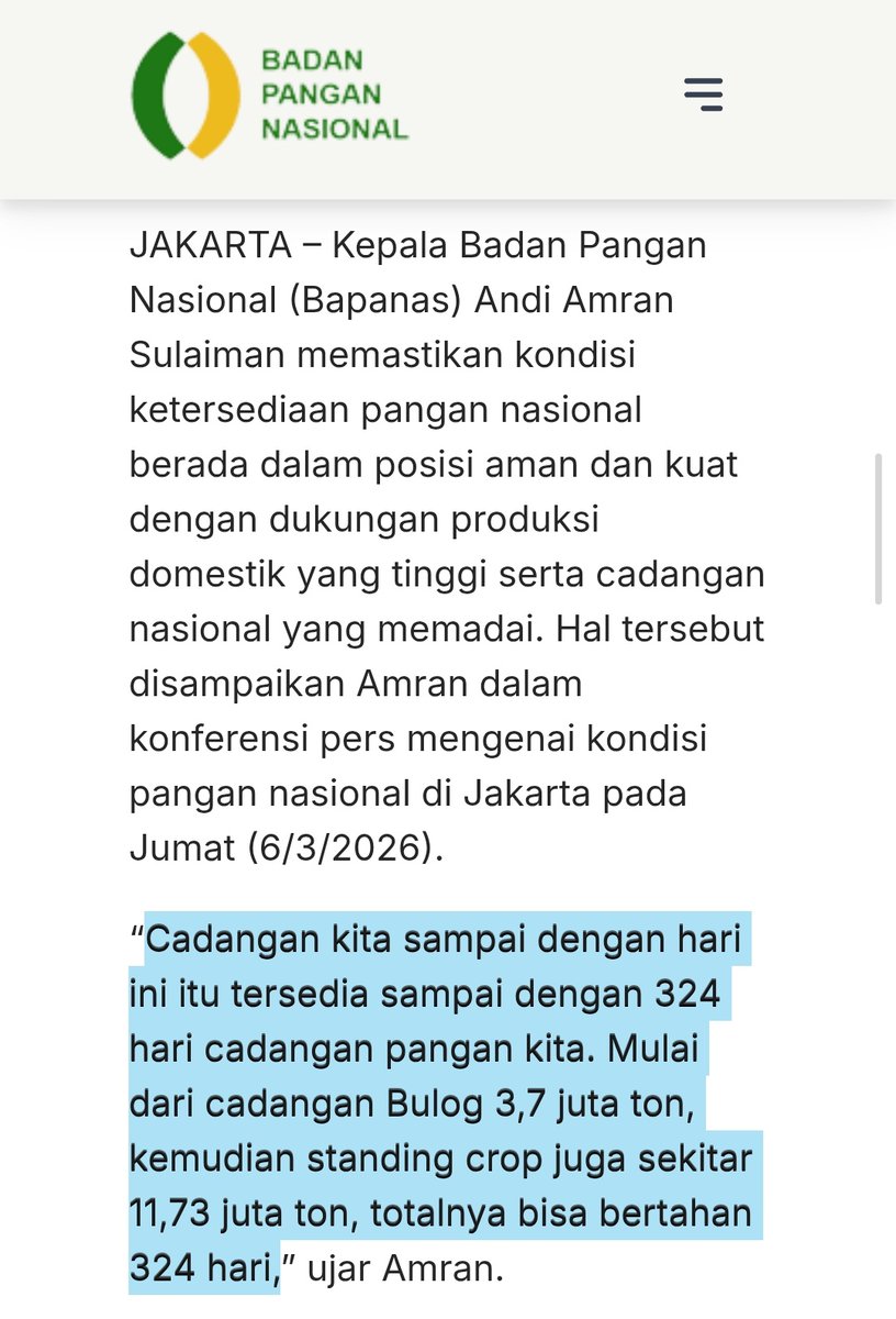 zenjoee's tweet photo. Bagaimana dengan Indonesia?

Untungnya Indonesia tidak hanya mengandalkan impor pupuk dari Negara Negara Teluk, melainkan impor dari Negara (1)Tiongkok (1.599 juta ton), (2)Russia (1.396 juta ton), (3)Kanda (1.259 juta ton), (4)Mesir (1.159 juta ton), (5)Yordania (290 juta ton). Setidaknya Indonesia tidak menggantungkan nyawanya hanya pada Negara Negara Teluk.

Indonesia sendiri memiliki cadangan beras yang dapat bertahan hingga 324 hari kedepan, jadi seharusnya Negara kita masih aman perihal beras, namun teman teman seharusnya lebih bijak lagi dengan mengurangi konsumsi dari bahan gandum, kedelai, jagung, karena tanaman tersebut adalah tenaman subtropis, dan karena Negara Indonesia adalah Negara Tropis, maka di Indonesia tanaman tersebut kurang subur, akibatnya kita harus impor bahan bahan tersebut untuk memenuhi kebutuhan dalam negeri.

Jadi, setidaknya Negara Indonesia sudah lebih aman perihal ketahanan pangan dibandingkan Negara Malaysia.
