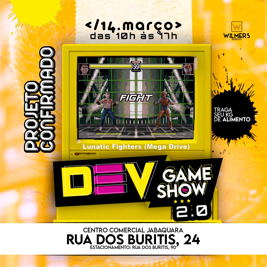 LunaticFighters's tweet photo. Come play LUNATIC FIGHTERS, our game for Mega Drive, next weekend, March 14th at Dev Game Show 2.0 in São Paulo, Brazil!

#LunaticFighters #DavilaGames #DevGameShow #MegaDrive #SegaGenesis https://t.co/WIvtj3pRl5