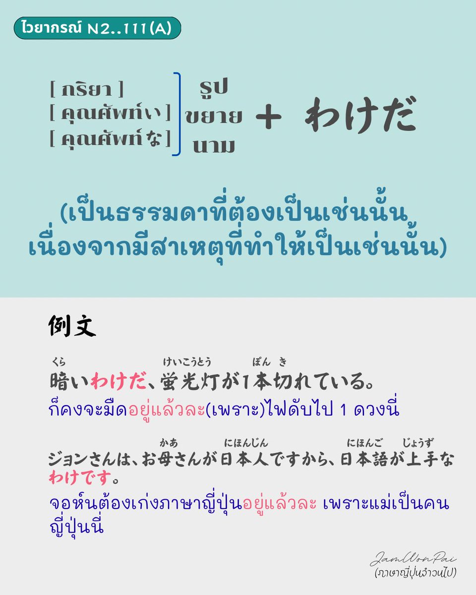 ThaijinJ's tweet photo. 11/3/2026

🪭 ไวยากรณ์ N2 

111(A) ... 〜わけだ

(เป็นธรรมดาที่ต้องเป็นเช่นนั้น เนื่องจากมีสาเหตุที่ทำให้เป็นเช่นนั้น)

🌟 จำนะคะจำ

.
.
#ไวยากรณ์N2 #JLPTN2 #N2 
#ภาษาญี่ปุ่นจำวนไป #ภาษาญี่ปุ่น https://t.co/sWkKdIaEcs