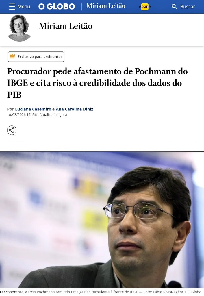 Dados sob suspeita. 🤡

O procurador Júlio Marcelo de Oliveira (MP de Contas) pede ao TCU o afastamento de Márcio Pochmann da presidência do IBGE, por riscos à credibilidade dos dados do PIB e irregularidades na gestão.