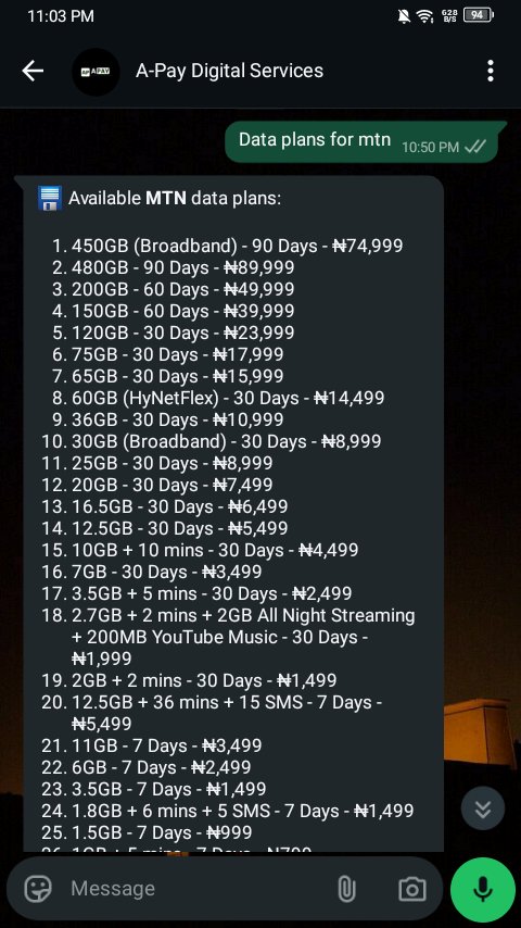 use_apayai's tweet photo. Enjoy easy payments of Airtime, data and electricity bill all inside Whatsapp.
👉 https://t.co/rHRwPdFOk7
 A-Pay helps remove unwanted stress https://t.co/n3wuQodHEn