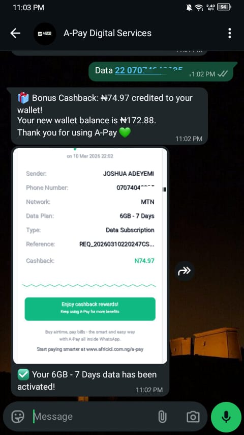 use_apayai's tweet photo. Enjoy easy payments of Airtime, data and electricity bill all inside Whatsapp.
👉 https://t.co/rHRwPdFOk7
 A-Pay helps remove unwanted stress https://t.co/n3wuQodHEn