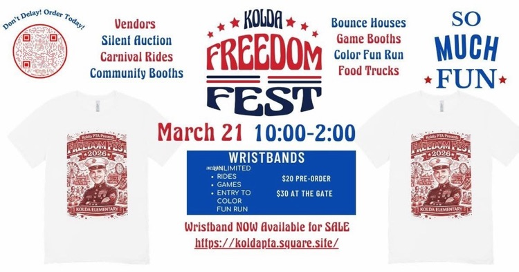 koldacadets's tweet photo. 🇺🇸 FREEDOM FEST 🇺🇸 
Hosted by our amazing Kolda PTA
Wristbands On Sale Now! 🎉 https://t.co/ZVDpUuhaFD