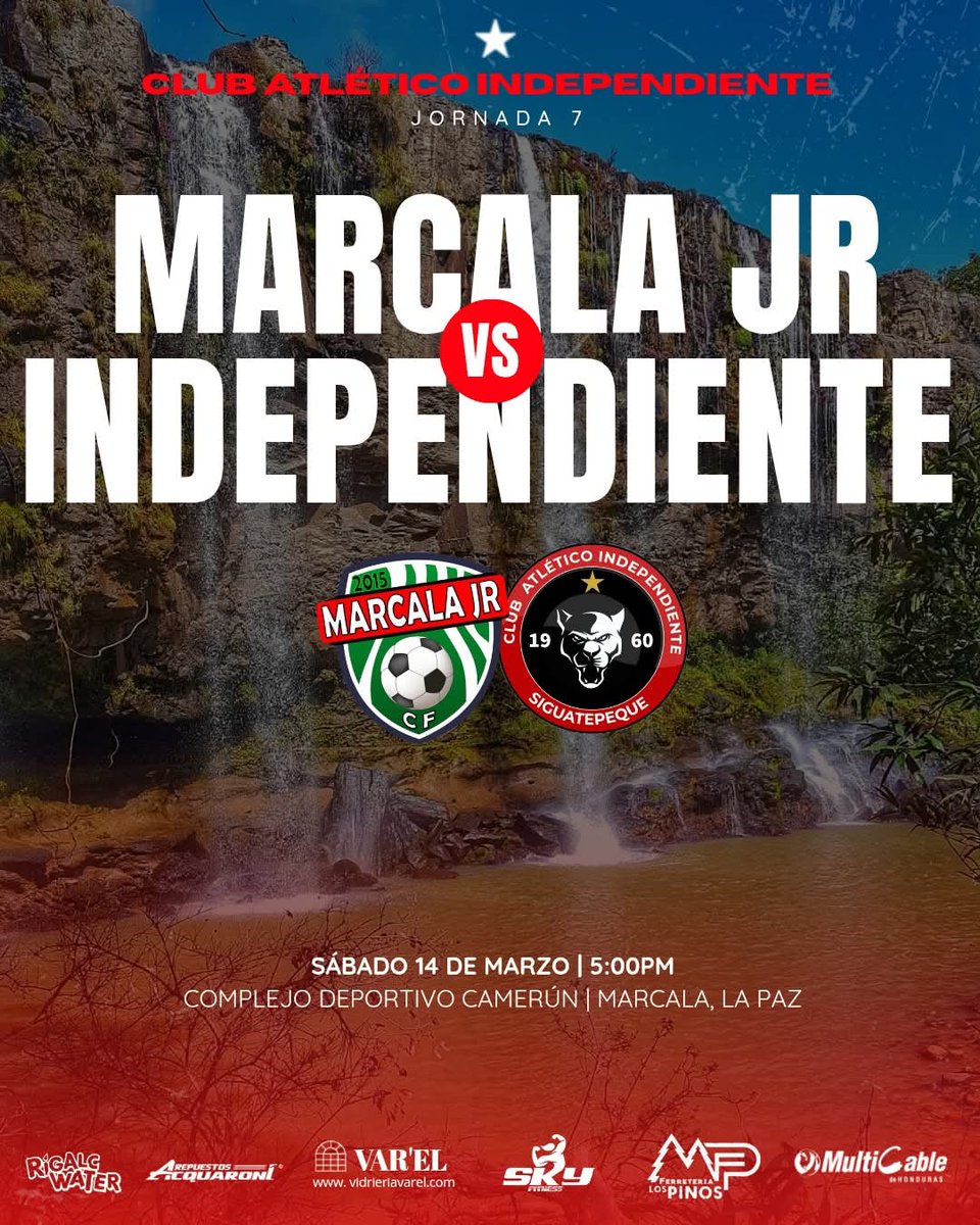 CAISiguatepeque's tweet photo. Este #Sábado nos vamos para #Marcala para disputar la Jornada #7
✅️ MARCALA JR vs INDEPENDIENTE
🏟️ Complejo Deportivo Camerún
📆 Sábado 14 de marzo
🕓 5:00 p.m.
Rigalc Water Vidriería Var'el Repuestos Acquaroni, Sky Fitness Siguatepeque ,Ferreteria Los Pinos, Multicable. https://t.co/QlO8W82RXl