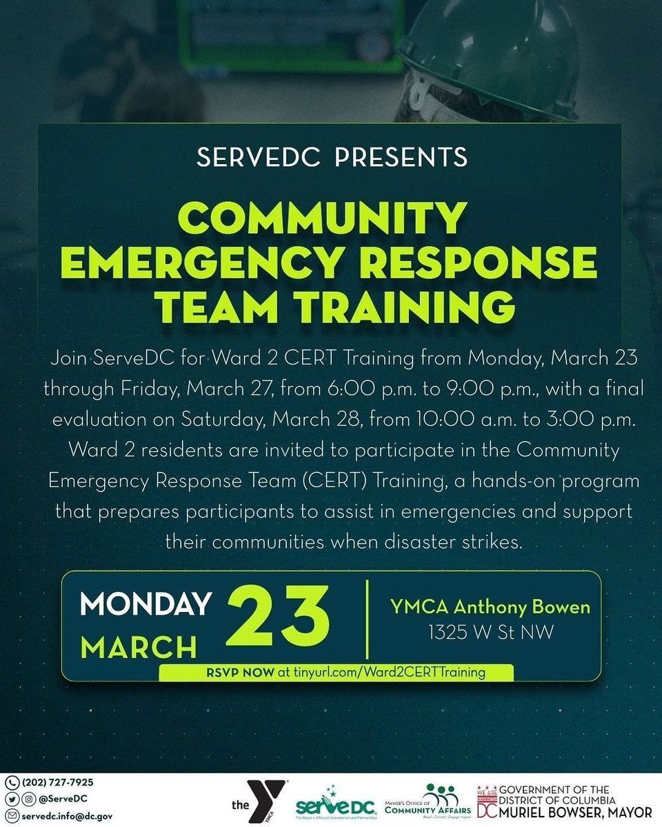 .<a href="/ServeDC/">ServeDC</a> is holding a Ward 2 Community Emergency Response Team (CERT) Training! More details and sign up here: tinyurl.com/Ward2CERTTrain…