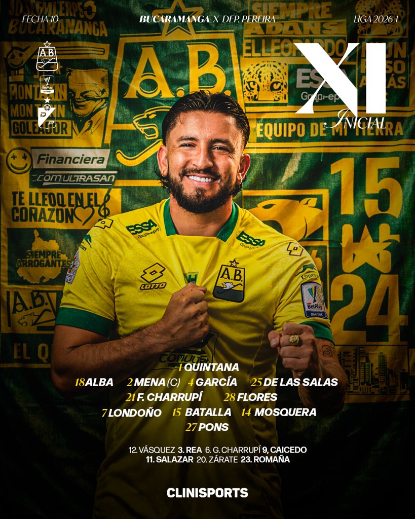 ABucaramanga's tweet photo. 📋Los 𝐗𝐈 iniciales por Leonel Álvarez para recibir esta tarde a Deportivo Pereira 🏟️

#MiHerenciaMiPasión 🫀 https://t.co/7hsnPRF9zN