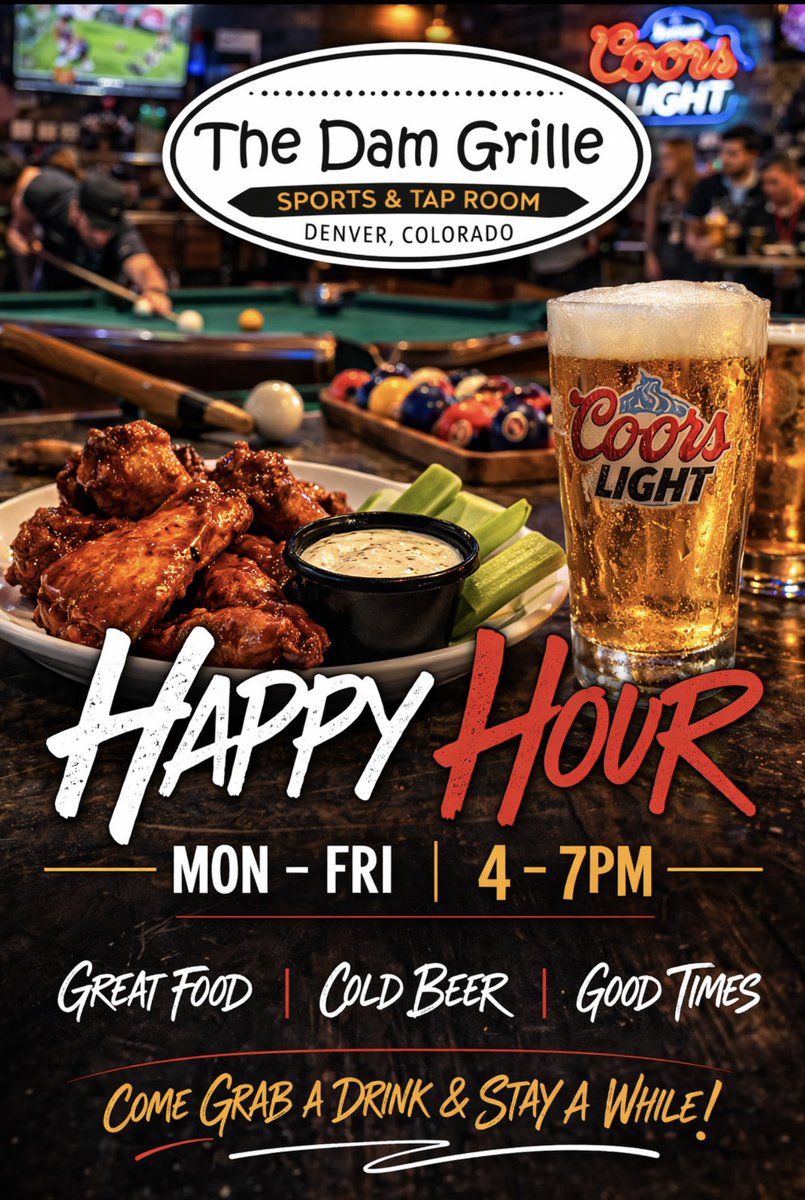 TheDamGrille's tweet photo. Tuesday afternoon check-in…
Wings are hot. 🍗
Beer is cold. 🍺
Pool tables are open. 🎱
Happy Hour at The Dam Grille
Mon–Fri • 4–7PM
Grab the crew before everyone else does.
#DenverHappyHour #DenverSportsBar #DenverEats #SouthDenverEats #CraftBeerDenver https://t.co/ZUlEY01nZb