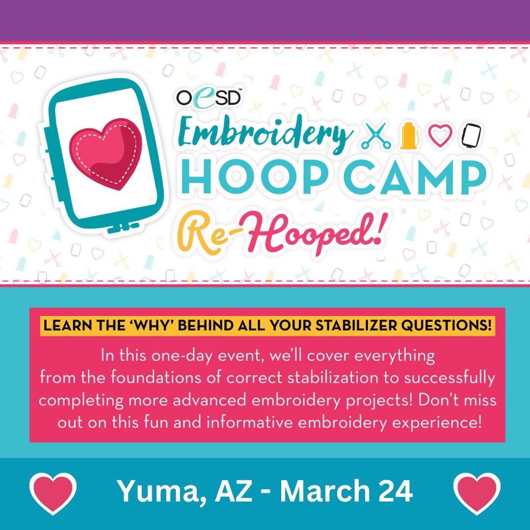 Calling All Yuma Embroiderers!  We're coming to you on March 24 with OESD's Re-Hooped workshop!

Register today at: tinyurl.com/md46tu3e

#embroidery #embroiderers #machineembroidery #yumaazevent #yumaaz #oesd #oesdembroidery #oesdrehooped