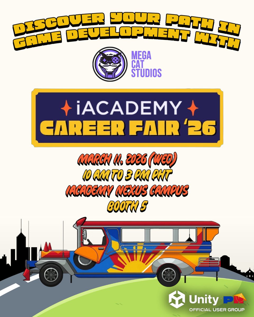 megacatstudios's tweet photo. Game devs, animators, and multimedia artists— #UnityPH and Mega Cat Studios are at the @iACADEMY_EDU Career Fair 2026 today to connect students with the #gamedev community and help you explore your next steps in the industry.
Scan the QR codes at our booth to kick off your Biyaheng Unity PH journey, discover upcoming community events, and win prizes along the way. 🚌💨
Event deets: https://t.co/UgBDoFyNSP
Ready for the next quest? Join Unity PH on Meetup: https://t.co/95ohl7Uxm6