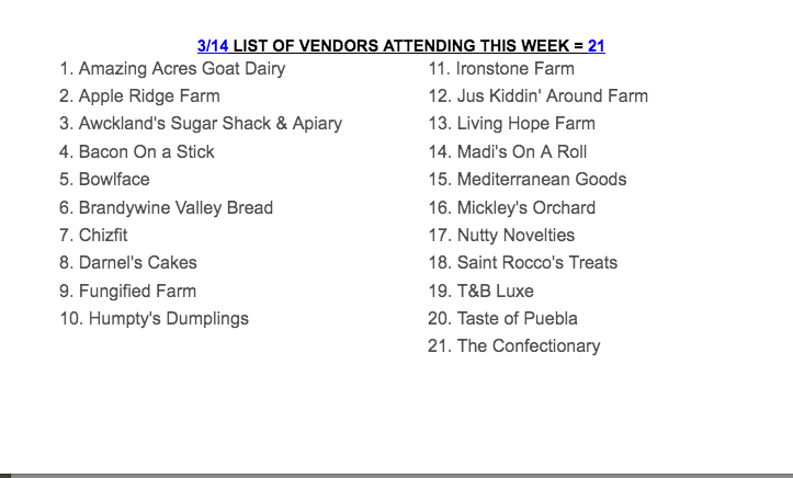 Curious to see what vendors will be at market this week?  Well, look no further: 3/14 LIST OF VENDORS ATTENDING THIS WEEK = 21: