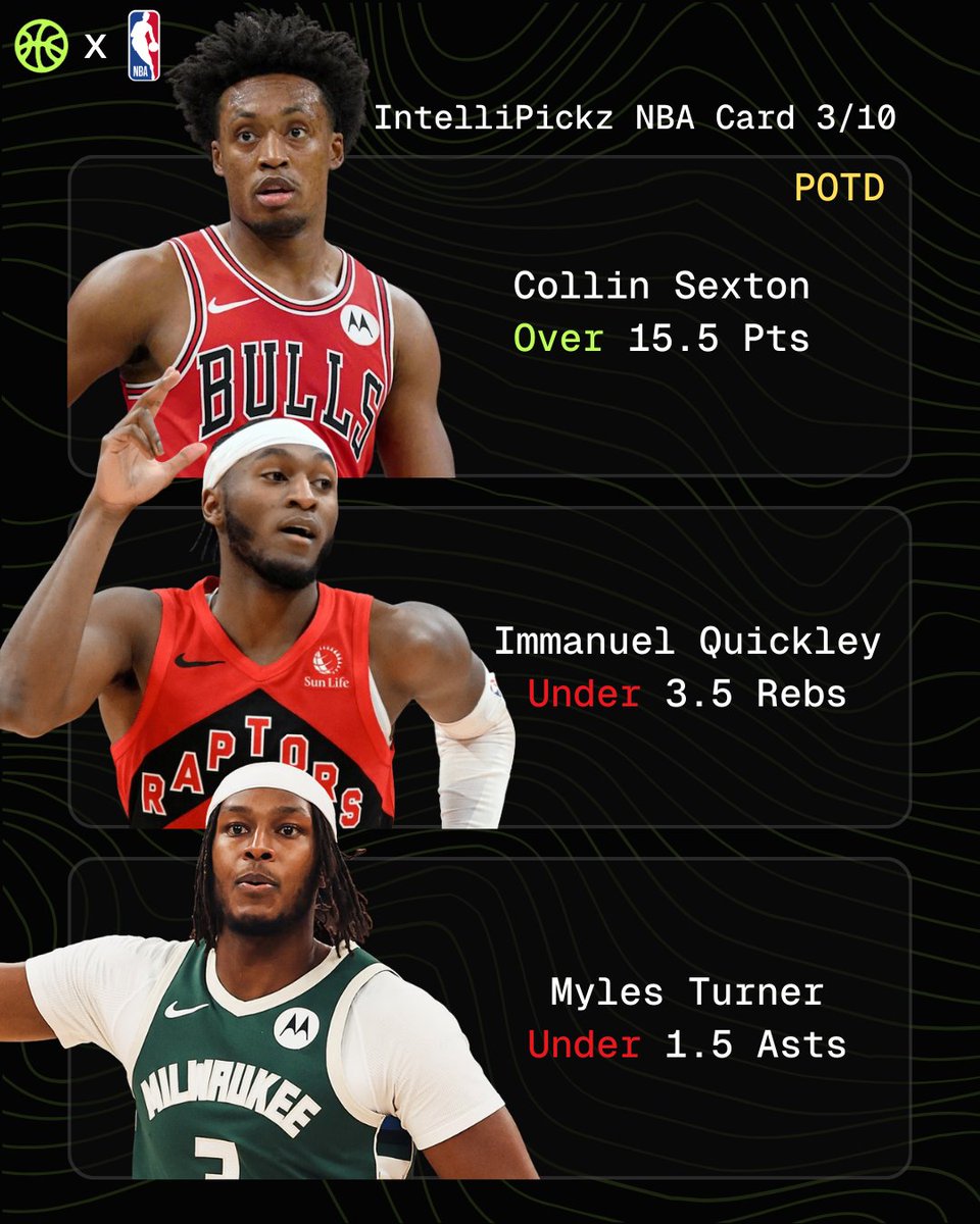 IntelliPickz Optimizer NBA Card 3/10 🔥👇

Collin Sexton Over 15.5 Pts (POTD)
Immanuel Quickley Under 3.5 Rebs
Myles Turner Under 1.5 Asts 

❤️ if you're tailing