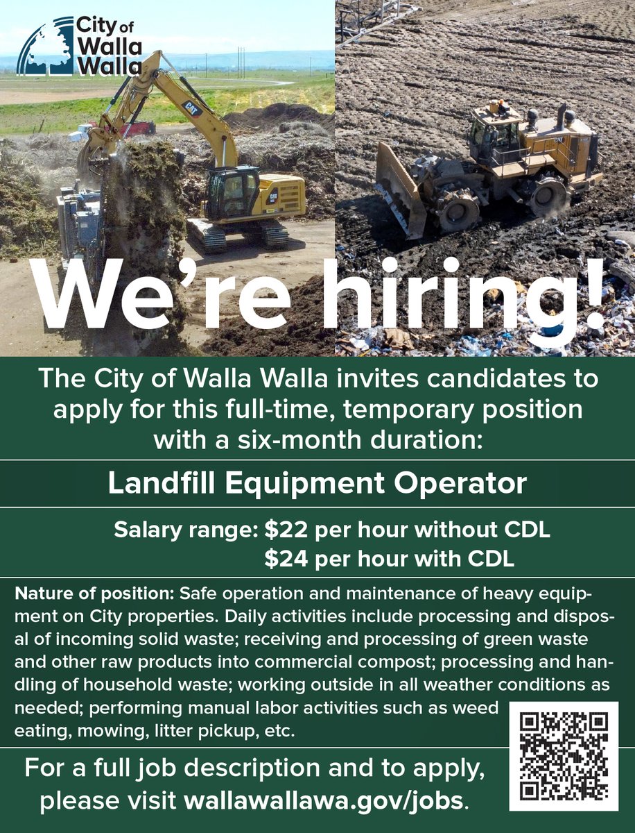 CityofWW's tweet photo. The Public Works Department is hiring for temporary Streets Maintenance Workers and a temporary Landfill Equipment Operator. Details and application information are available via the City's employment portal: https://t.co/S4y87H8vIX https://t.co/GZFFML5JQv