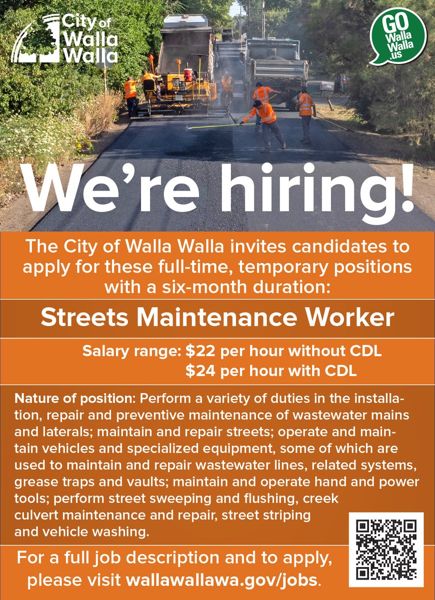 CityofWW's tweet photo. The Public Works Department is hiring for temporary Streets Maintenance Workers and a temporary Landfill Equipment Operator. Details and application information are available via the City's employment portal: https://t.co/S4y87H8vIX https://t.co/GZFFML5JQv