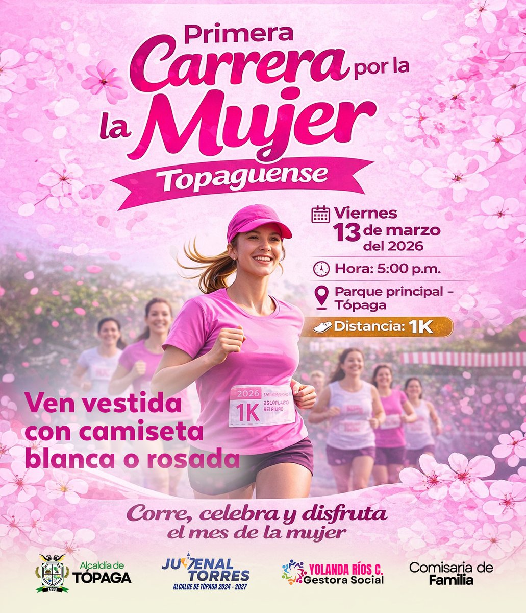 TopagaB's tweet photo. 🌸🏃‍♀️ Primera Carrera por la Mujer Topaguense

📅 13 de marzo
⏰ 5:00 p.m.
📍 Parque principal de Tópaga
🏃 Distancia: 1K
👕 Ven con camiseta blanca o rosada y disfruta de aeróbicos, hidratación y sorpresas.

#MesDeLaMujer #Tópaga 🌸 https://t.co/HTpVq0cxkI