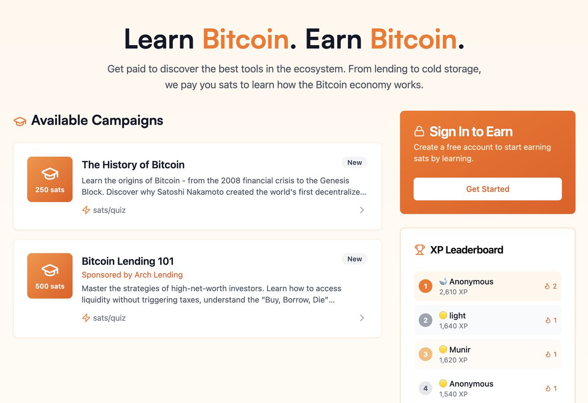 We're paying you to learn.

New campaign up on our Earn page in partnership with <a href="/ArchLending/">Arch</a>. 

Built for first-timers and perfect for orange pilling friends: 500 sats for completing the module.

The data is the pitch. Come earn it.