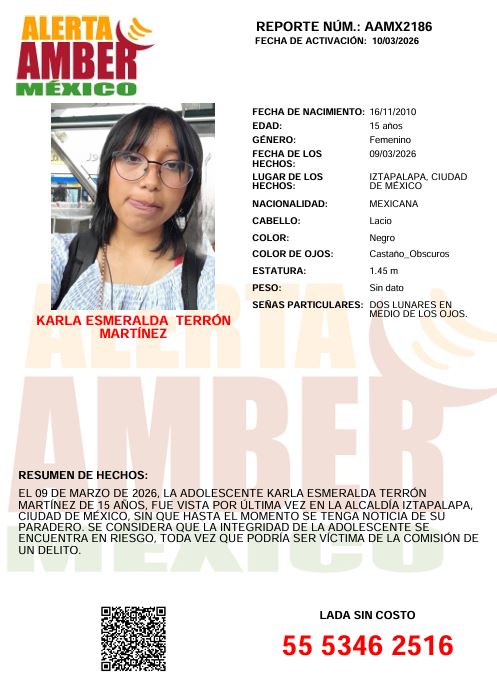CAPUFE's tweet photo. #AlertaAMBER
Circunstancias: El 09 de marzo de 2026, la adolescente KARLA ESMERALDA TERRÓN MARTÍNEZ fue vista por última vez, en la alcaldía Iztapalapa, Ciudad de México, sin que hasta el momento se tenga noticia de su paradero. Se considera que la integridad de la adolescente se encuentra en riesgo toda vez que podría ser víctima de la comisión de un delito.