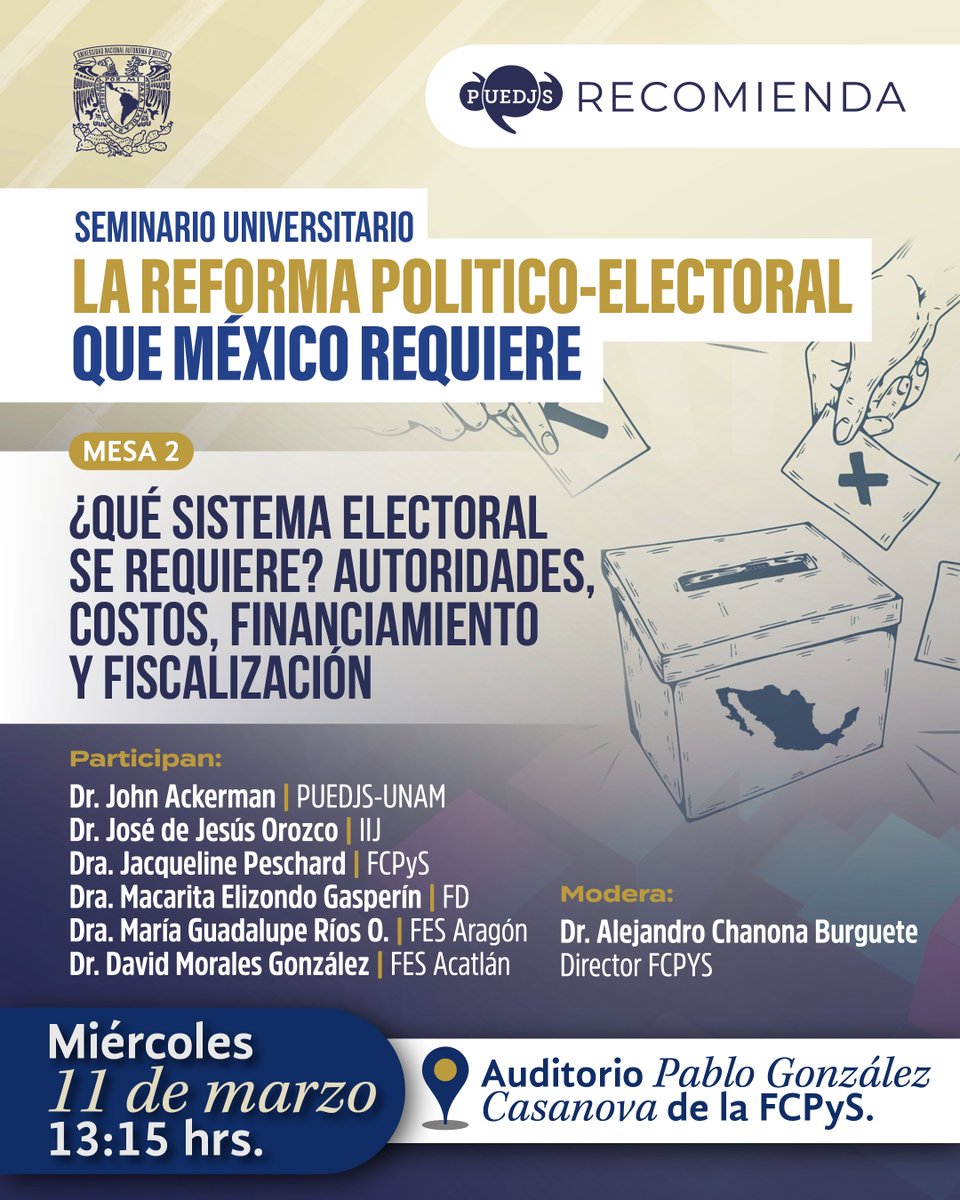 ¿Qué sistema electoral se requiere en México?🇲🇽

No te pierdas la mesa 2 del Seminario Universitario: "La reforma político-electoral que México requiere"🗳️ donde grandes especialistas analizarán los retos y propuestas para transformar el sistema electoral del país.

🟢Participan:
