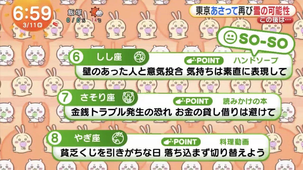 今日のめざましTV
ちいかわ占い（前半）

この表情、朝から元気出る

見逃した人へどうぞ

#めざましテレビ
#ちいかわ
#ちい活