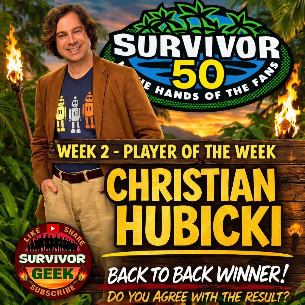 🏆 Survivor 50 – Player of the Week (Ep 2)

For the second week in a row…
 Christian Hubicki takes the crown! 👑
Do you agree with the fans' pick?
Who impressed you most in Episode 2?

#Survivor50 #Survivor #survivor2026
youtube.com/@SurvivorGeek/…
<a href="/chubicki/">Christian Hubicki</a>