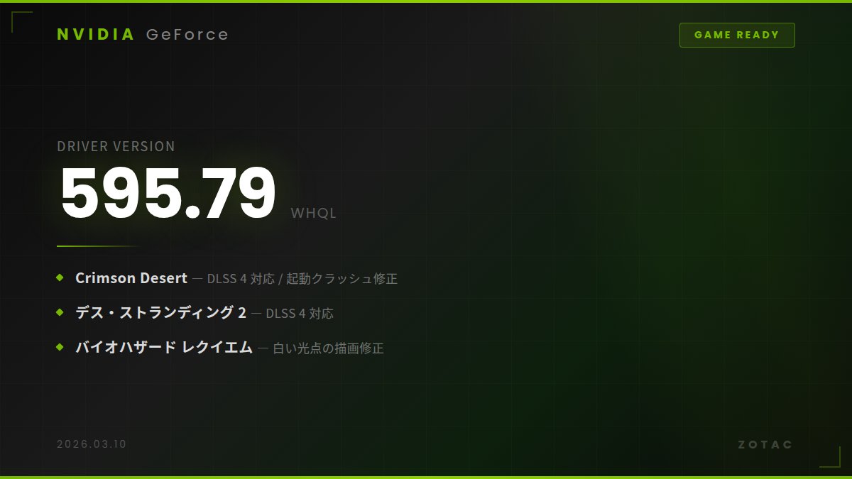 🔄 GeForceドライバー 595.79 WHQL 配信開始 ⏰ 前回から約1週間ぶりの