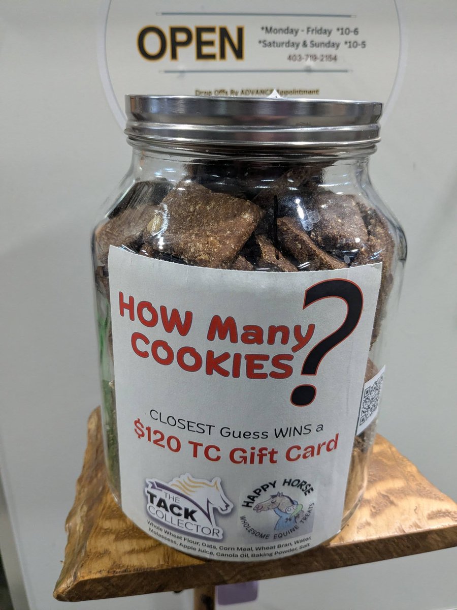 TackCollector's tweet photo. How Many Cookies are in the Jar?  Put in your best guess by Close (5) Sunday, April 12th! 

Closest Guess WINS  these Horse Cookies (they are the BEST!) + a $120 TC Gift Card ♥️ 

Placing your Guess ...
Visit us In Shop The Tack Collector  or 
Through the "Contact Us" page on the Website

#thetackcollector #giftcardgiveaway #funnerthaneastereggs #besthorsecookiesever